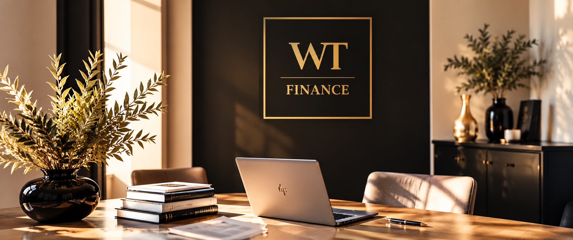 Stijlvolle werkplek met laptop en WT Finance uitstraling